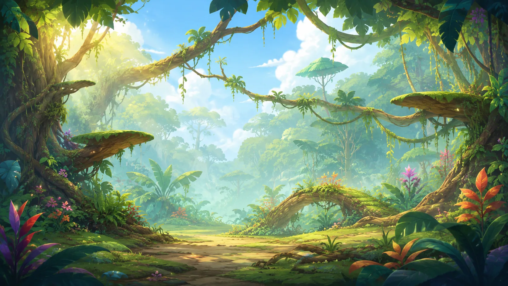 A softly lit illustrated jungle with layered green leaves